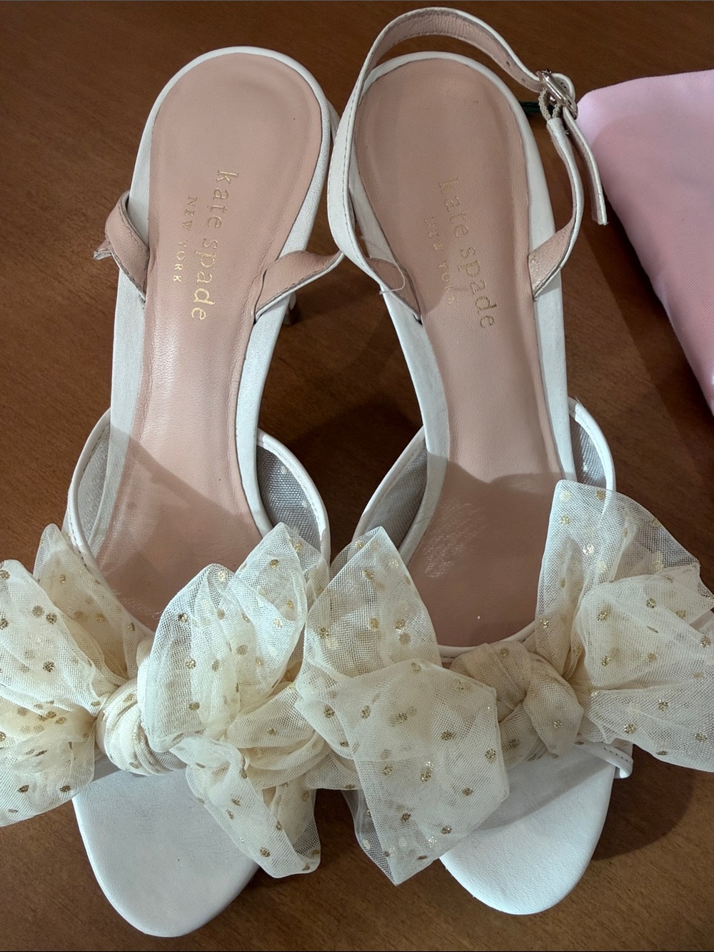 kate spade White sandals with cream gold-dot tulle bows